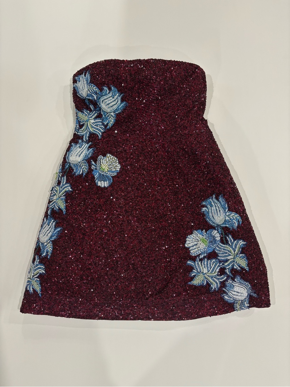 La Fuori Burgundy Strapless Sequin Dress with Blue Floral Appliqué